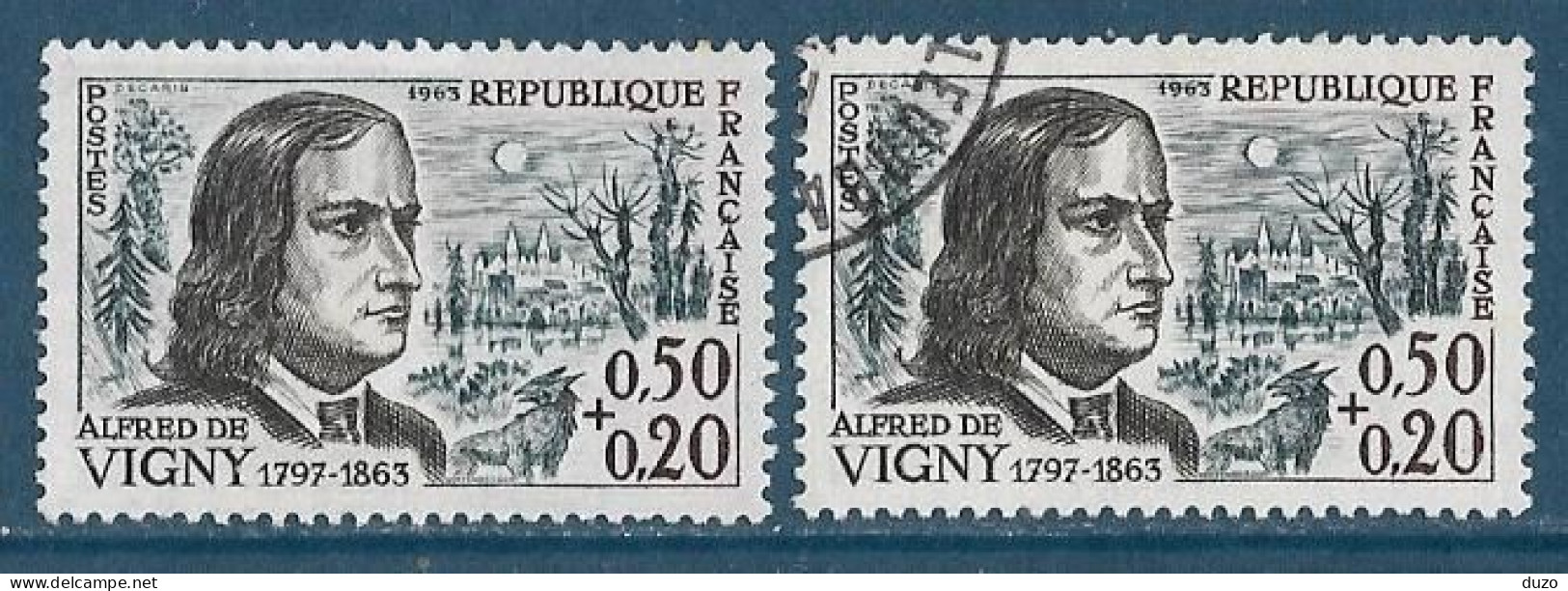 France 1963 - Variété - Y&T N° 1375 Alfred De Vigny 1 Exemplaire Gris Clair (neuf S/g) + 1 (oblit) Gris Foncé. - Used Stamps