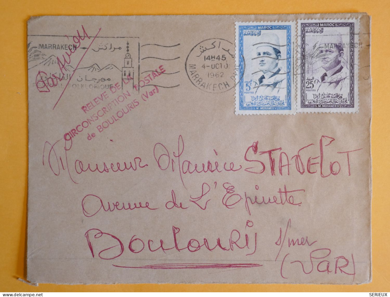 DM6 MAROC  LETTRE  1962 MARAKECH A  BOULOURI FRANCE    + AFF.   INTERESSANT+ + - Marruecos (1956-...)