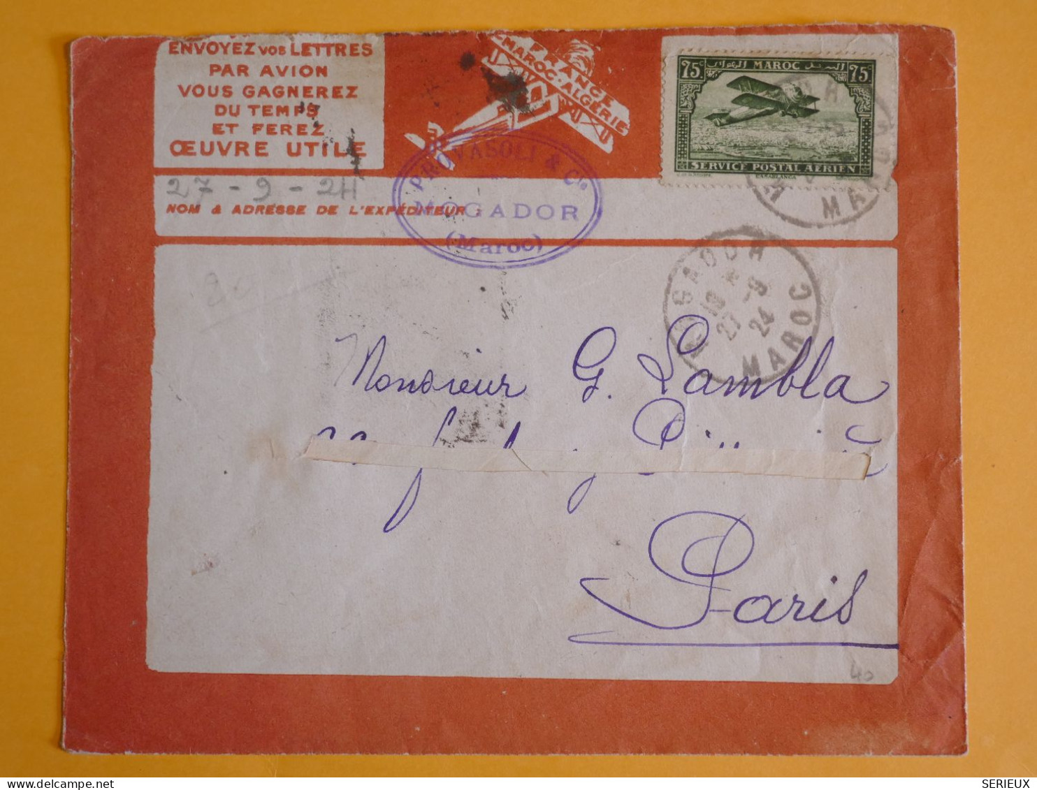 DM6 MAROC  LETTRE FM  1924 PAR AVION MOGADOR A PARIS  + AFF.   INTERESSANT+ + - Lettres & Documents