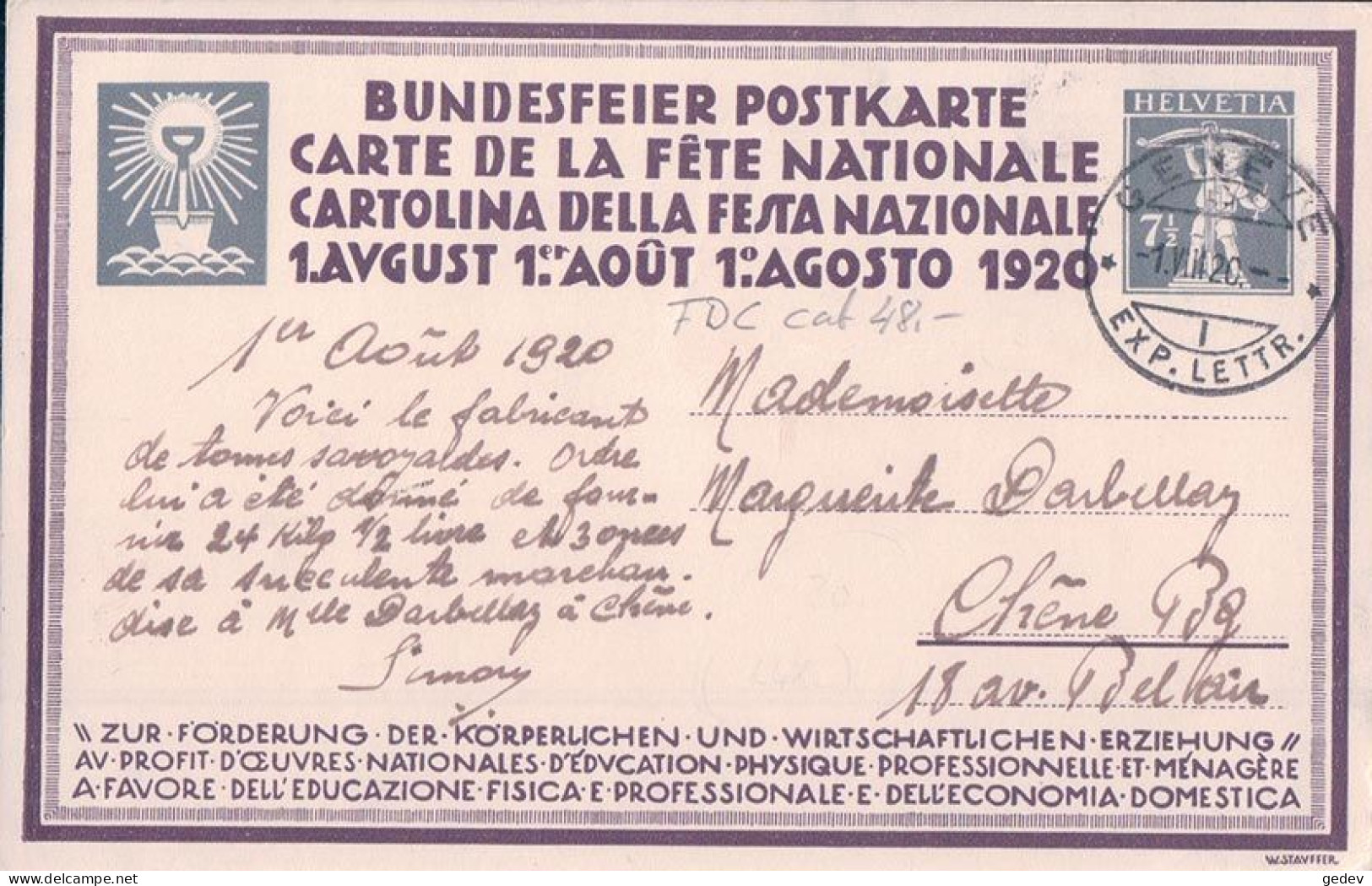 Carte Fête Nationale 1920 Circulée, Fromager, Genève 1.XIII.1920 - Brieven En Documenten