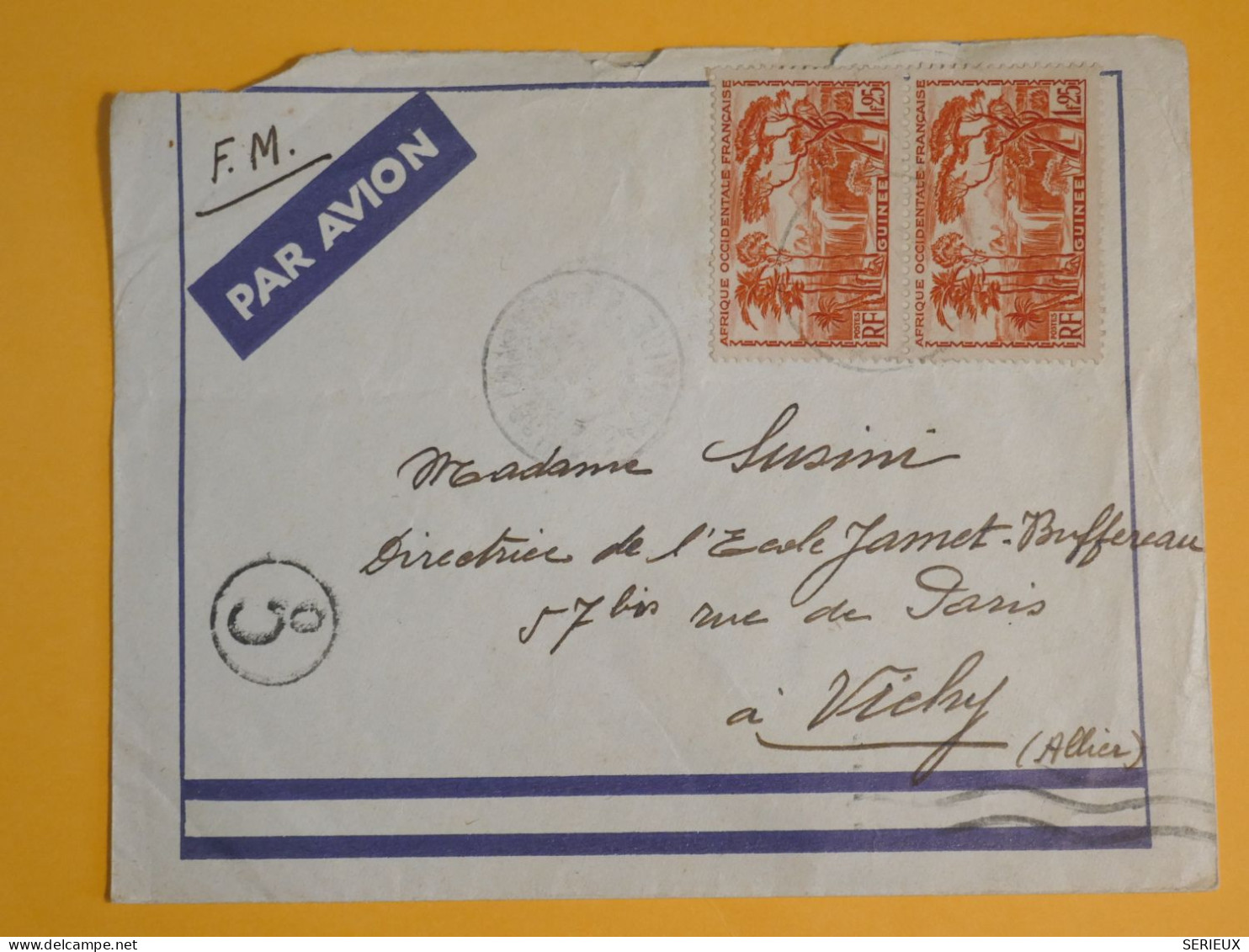 DM6 AOF  GUINEE  BELLE   LETTRE FM   1940 A VICHY FRANCE ++PAIRE N°164  + AFF.   INTERESSANT+ + - Covers & Documents