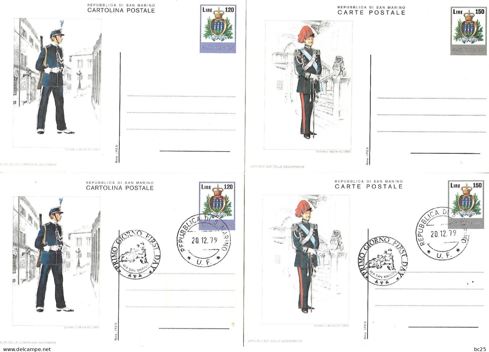 SAINT MARINO-ENTIERS POSTAUX-CARTE POSTALE-UNIFORMES MILITAIRES-6 SERIES-ET 6 SERIES 1er JOUR TOUS NEUVES * * COMPLETES - Entiers Postaux