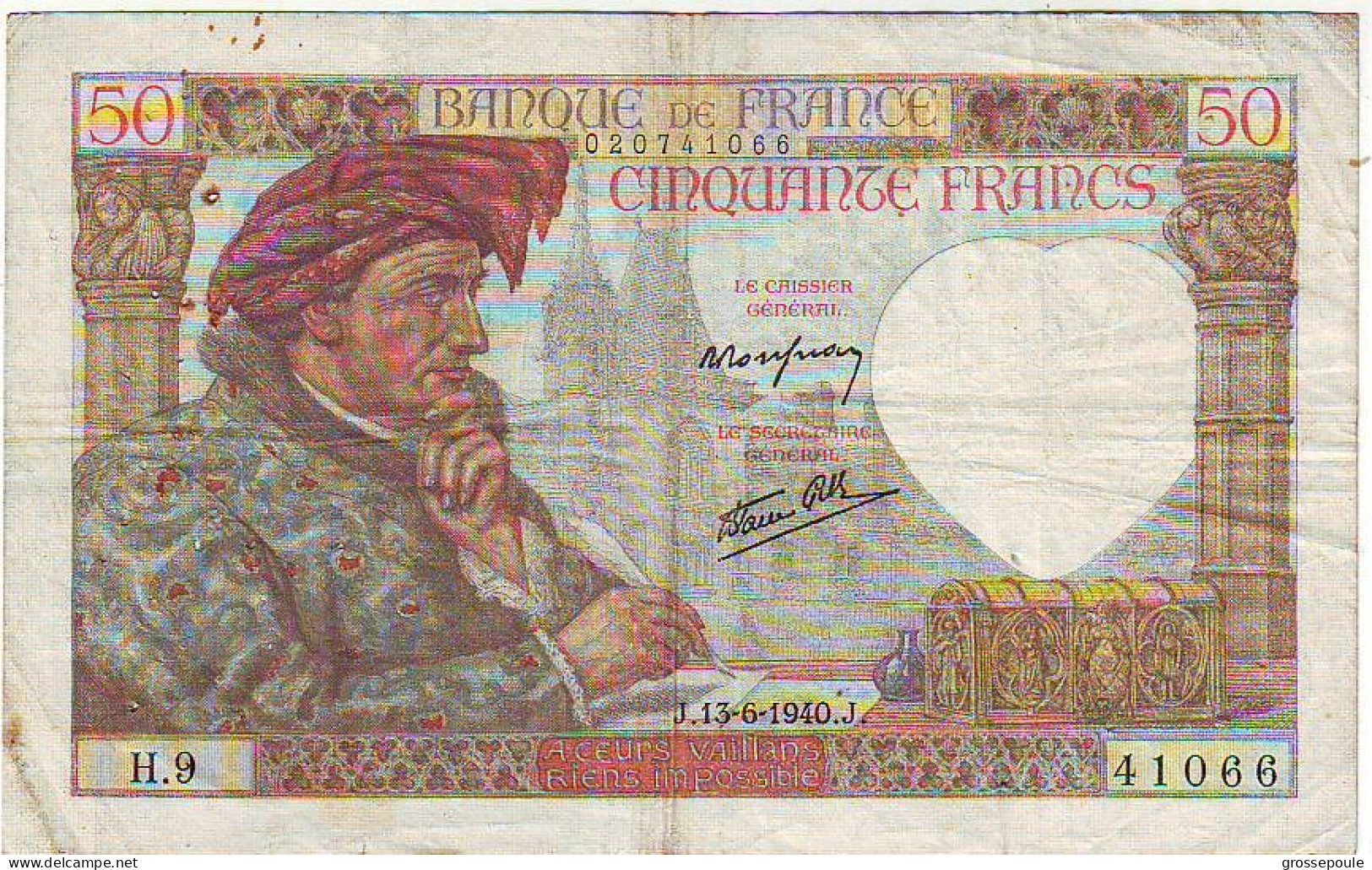 50 FRANCS JACQUES COEUR - J. 13.6.1940 J - H9 - N° 41066 - 1ère Date - 50 F 1940-1942 ''Jacques Coeur''