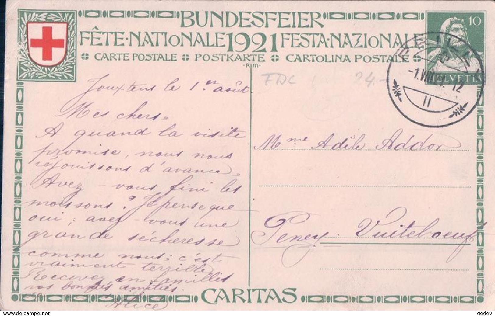 Carte Fête Nationale 1921 Circulée, L'infirmière, Prilly 1.XIII.1921 - Cartas & Documentos