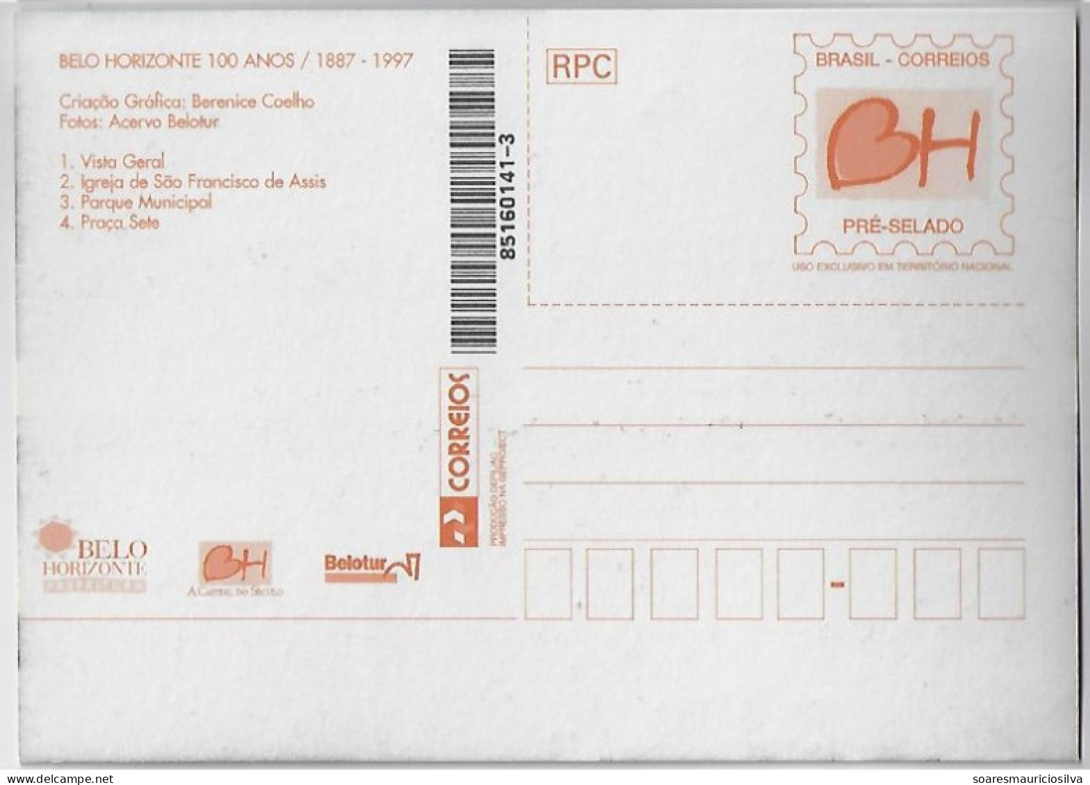 Brazil 1997 Postal Stationery Card Belo Horizonte The Capital Of The Century Church Saint Francis Of Assisi Park Square - Postal Stationery