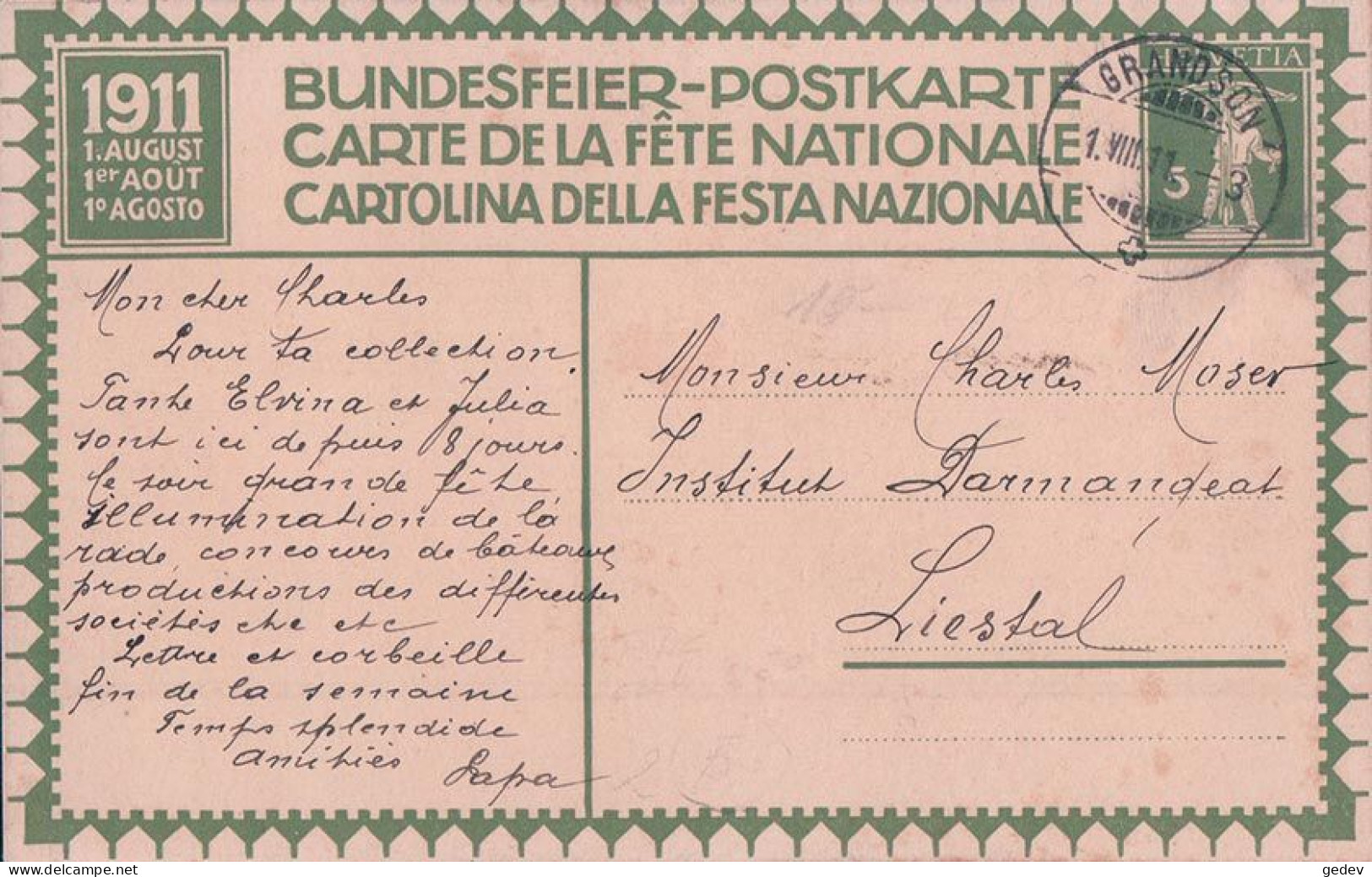 Carte Fête Nationale 1911 Circulée, Guerre, Grandson 1.XIII.1911 - Briefe U. Dokumente