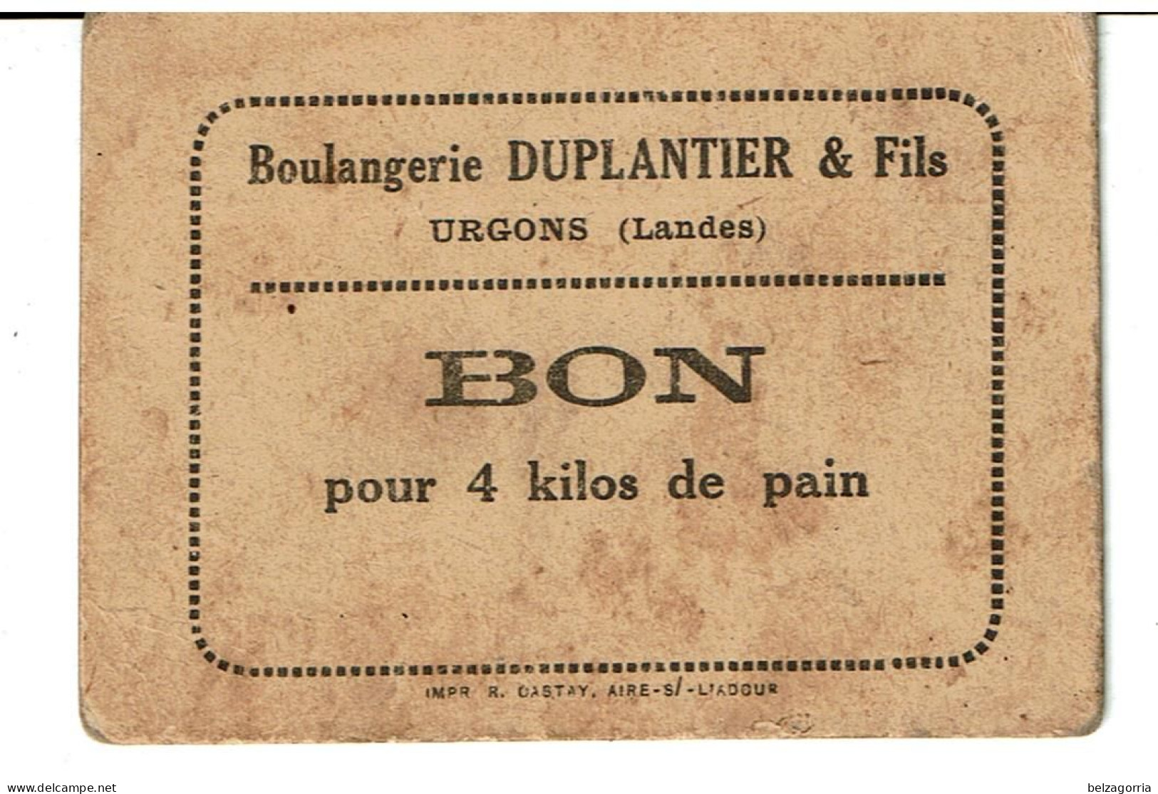 URGONS - BON ALIMENTATION Pour 4 Kilos De Pain  WW2 - Boulangerie DUPLANTIER & Fils à Urgons ( Landes ) - Other & Unclassified