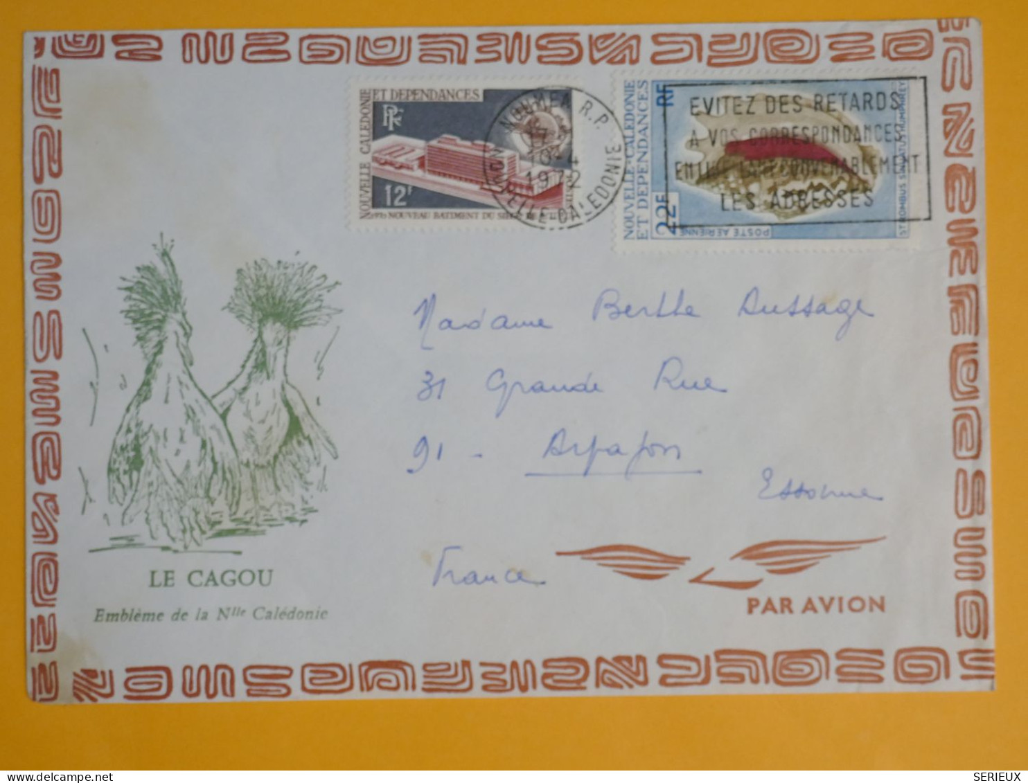 DM6 NOUVELLE CALEDONIE  BELLE   LETTRE    1972 A ARPAJON  FRANCE + CAGOU + AFF.   INTERESSANT+ + - Covers & Documents