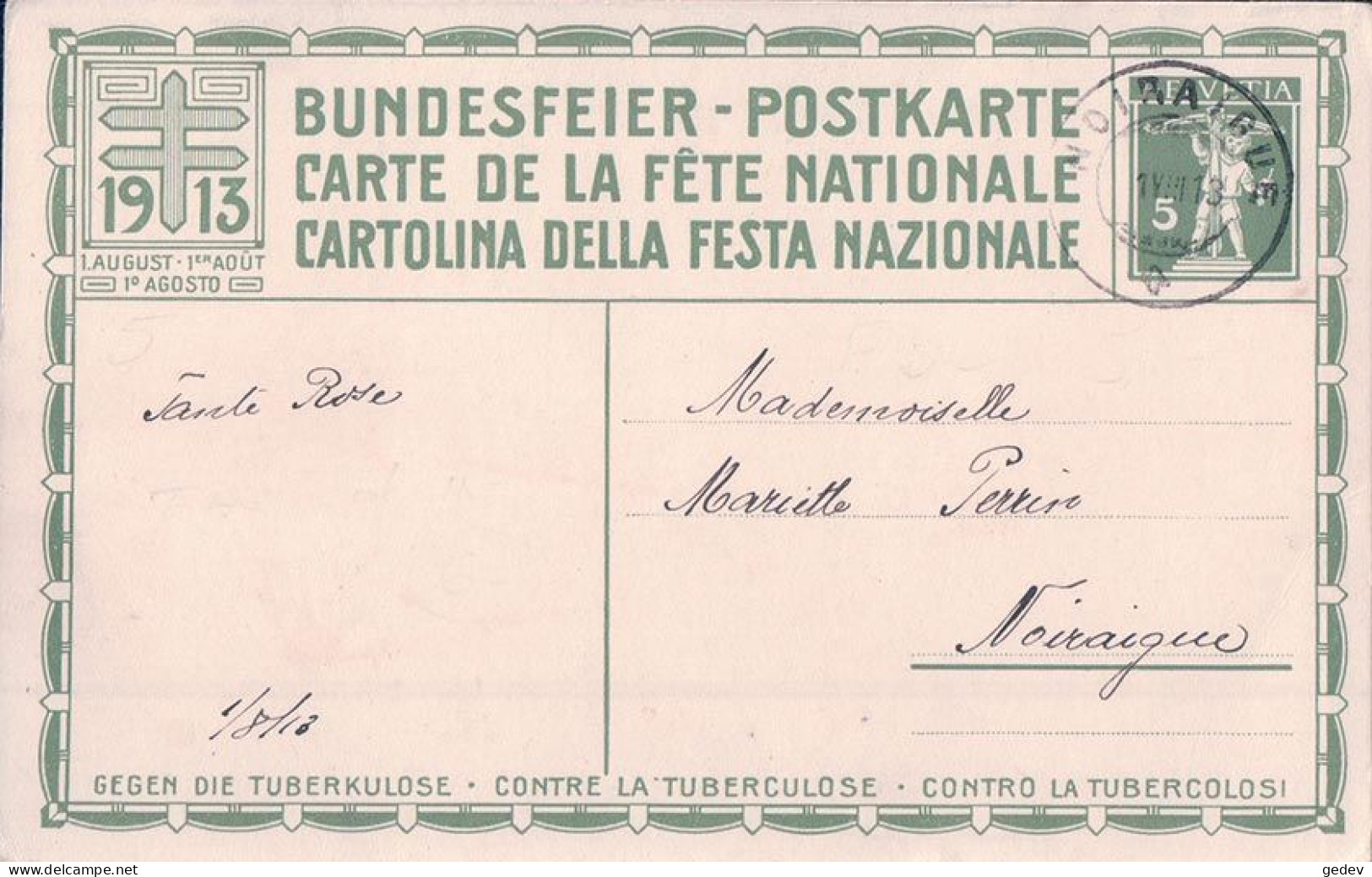 Carte Fête Nationale 1913 Circulée, Befreiungskämpfe 1798, Noiraigue 1.XIII.1913 - Storia Postale