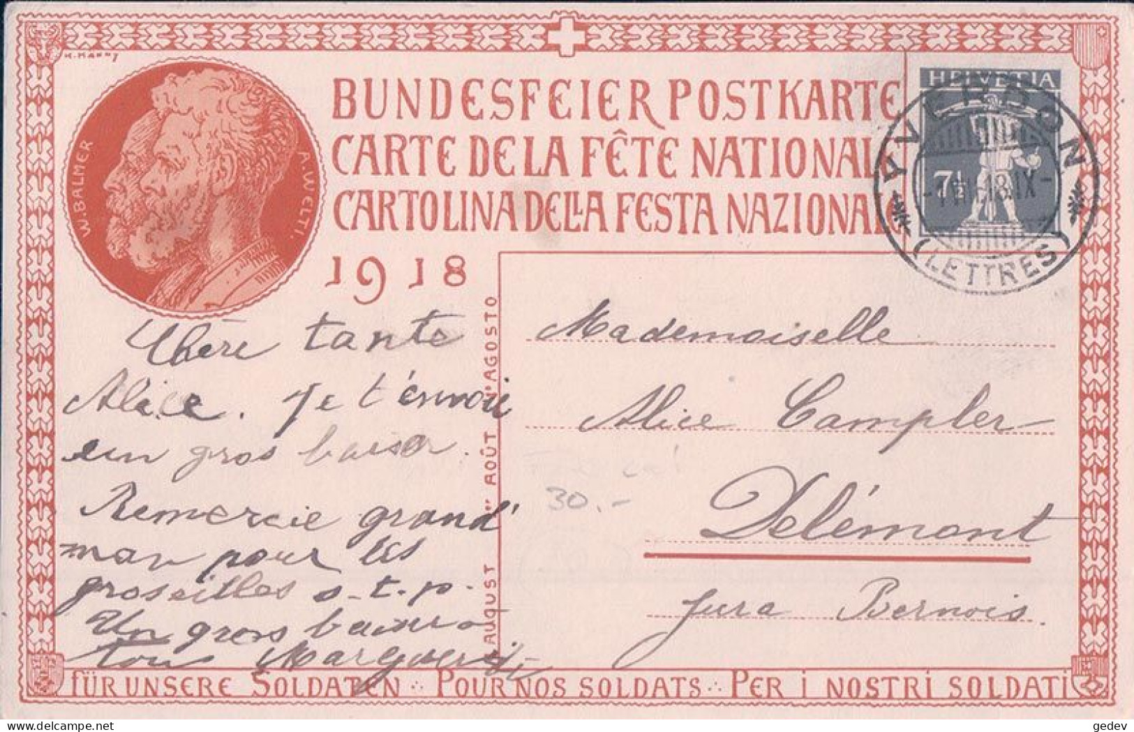 Carte Fête Nationale 1918 Circulée, Landsgemeide, Yverdon 1.XIII.1918 - Cartas & Documentos