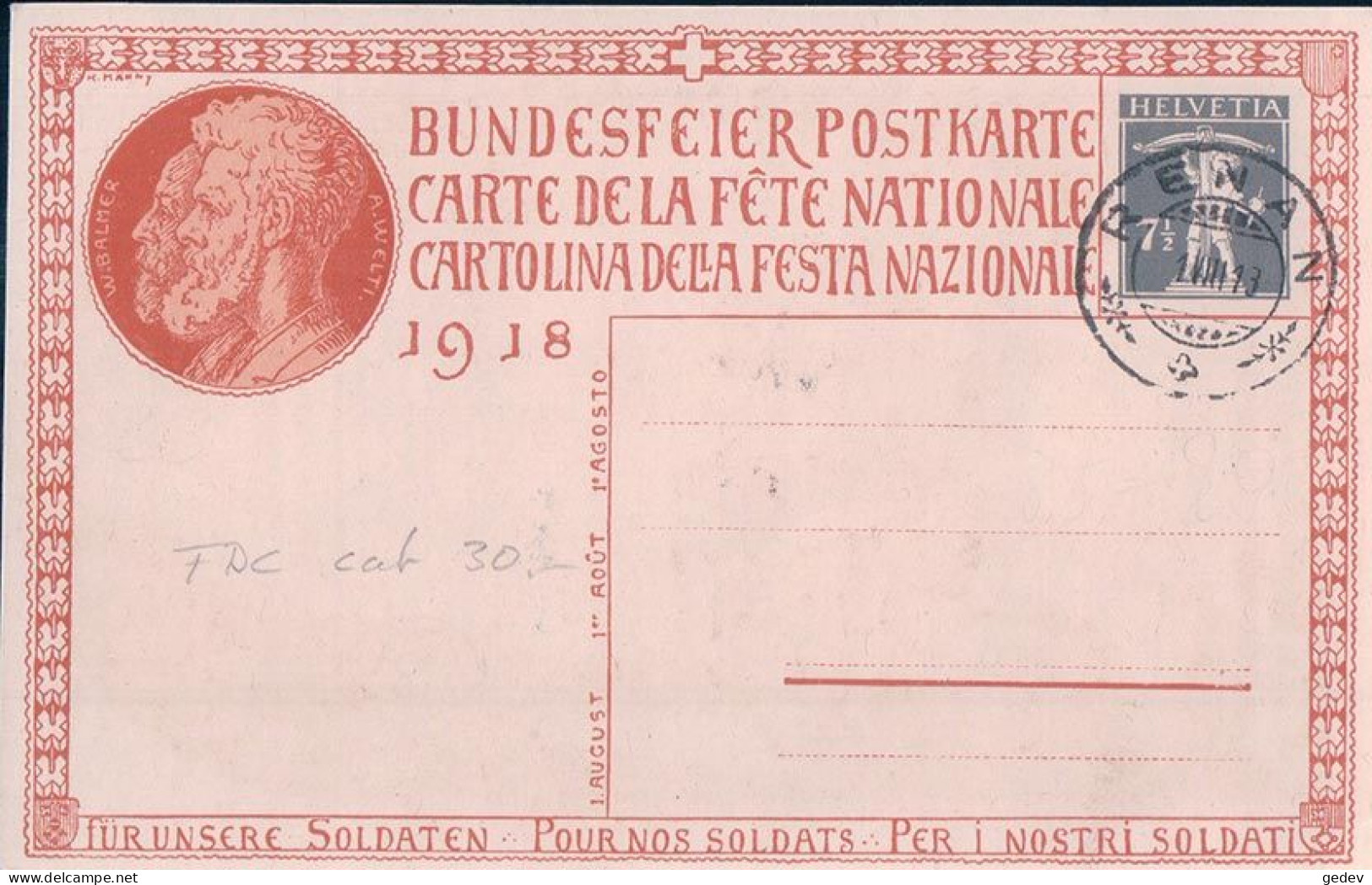 Carte Fête Nationale 1918 Circulée, Landsgemeide, Renan 1.XIII.1918 (4) - Brieven En Documenten