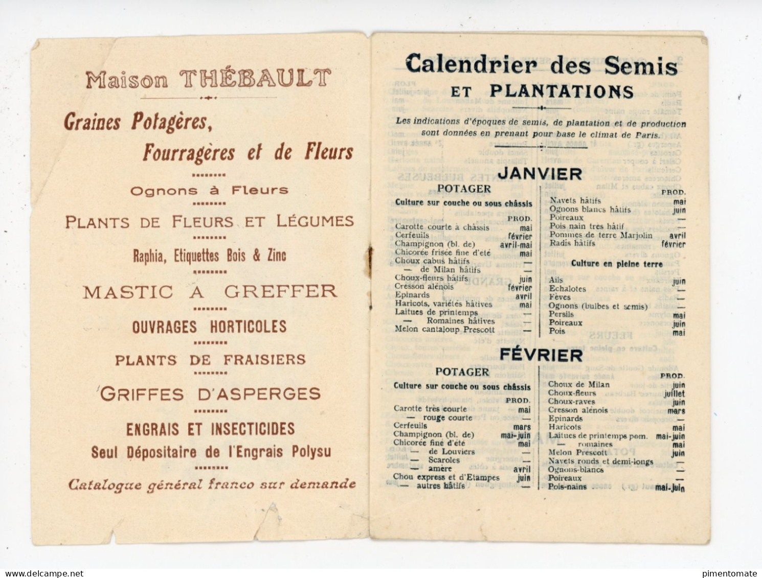 CALENDRIER DES SEMIS ET PLANTATIONS MAISON THEBAULT NANTES GRAINES ET PLANTS - Autres & Non Classés