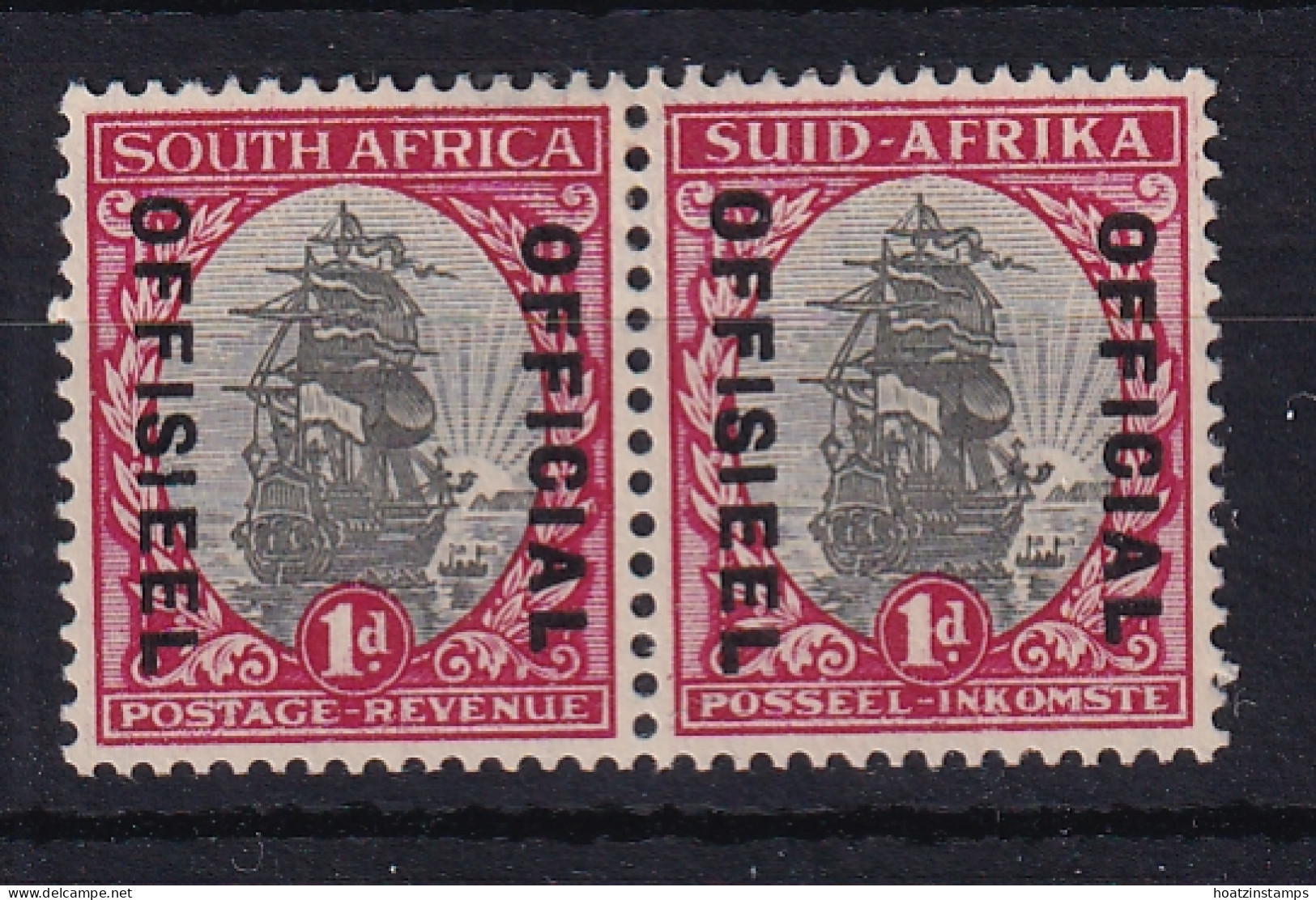 South Africa: 1935/49   Official - Ship   SG O21aw    1d  Grey & Carmine  [Wmk Upright]   MH Pair - Servizio