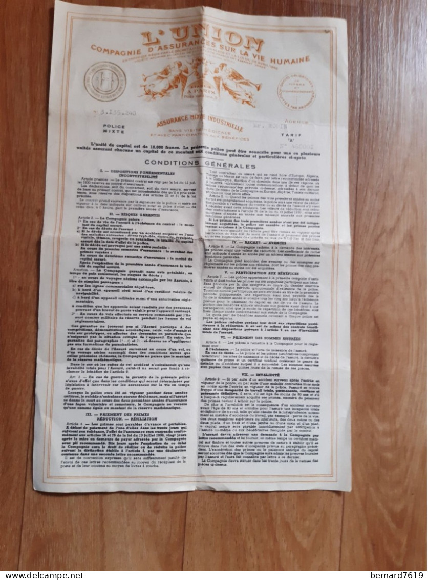 Vieux Papiers - Contrat  L'union  Compagnie D'assurances Sur La Vie Humaine - Annee 1949 - Banco & Caja De Ahorros