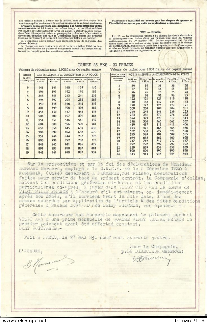 Vieux Papiers - Contrat  L'union  Compagnie D'assurances Sur La Vie Humaine - Annee 1944 - Banque & Assurance