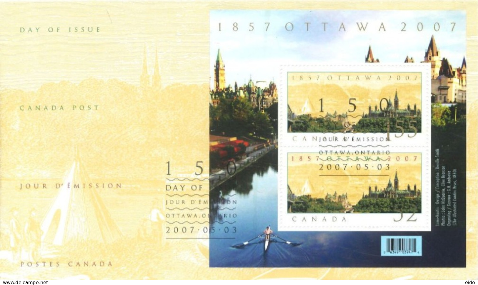 CANADA - 2007, FDC OF MINIATURE STAMPS SHEET OF 150th ANNIV OF OTTAWA  -  ONTARIO, NOT USED. - Briefe U. Dokumente