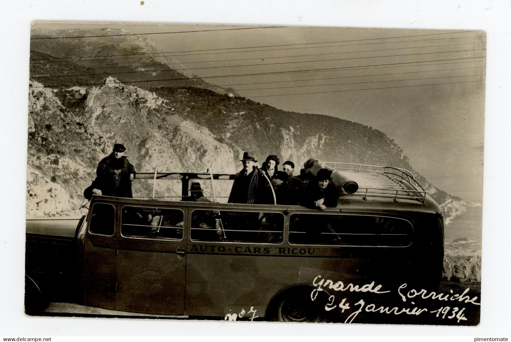 SOUVENIR DE L'EXCURSION DE NICE EN ITALIE PHOTOGRAPHIE ROBERT PEAN AUTO CARS RICOU GRANDE CORNICHE 24 JANVIER 1934 - Transport Urbain - Auto, Autobus Et Tramway