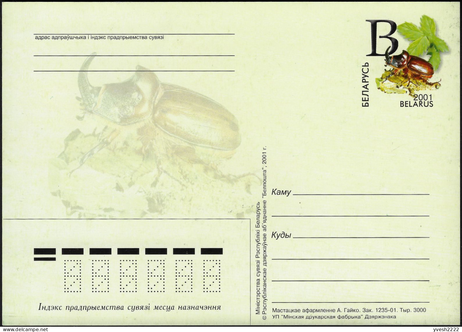 Dictature De Belarus 2001. 2 Entiers Postaux, Cartes Coléoptères. Tirages 3000. Coléoptère Du Cerf, Rhinocéros - Kevers