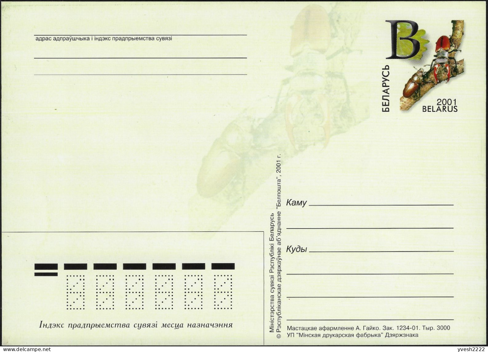 Dictature De Belarus 2001. 2 Entiers Postaux, Cartes Coléoptères. Tirages 3000. Coléoptère Du Cerf, Rhinocéros - Escarabajos