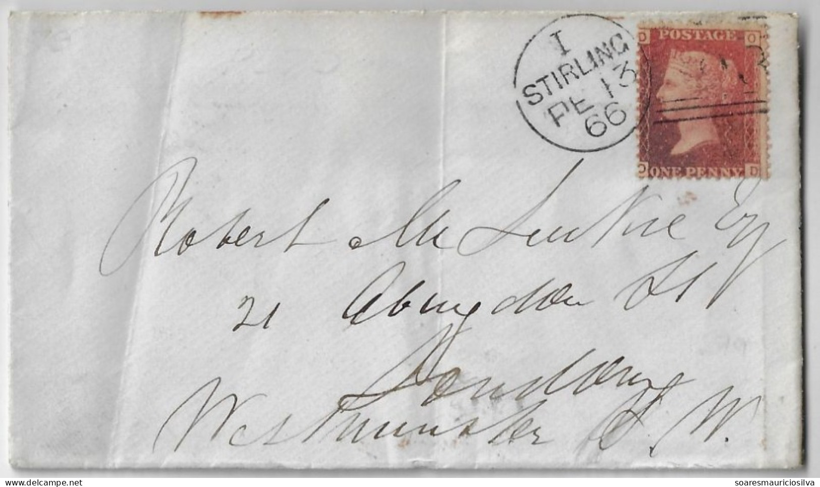 Great Britain 1866 Cover Stirling To London Stamp 1 Penny Red Perforate Corner Letter DO Queen Victoria Plate 79 - Brieven En Documenten