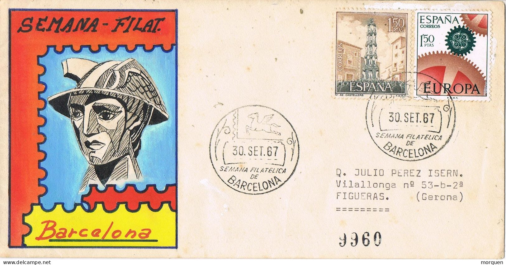 54608. Carta Certificada BARCELONA 1967. Tema EUROPA, Pegaso, Comunicaciones - Storia Postale