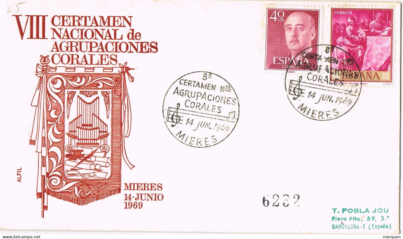 54609. Carta Certificada MIERES (Asturias) 1069- Tema MUSICA, Musik, Certamen Agrupaciones Corales. CARTERIA - Cartas & Documentos