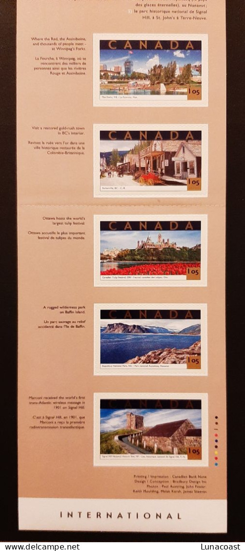 Canada 2001 MNH Sc.#1904**  5 X 1.05$  Booklet Pane, Tourist Attractions - Unused Stamps