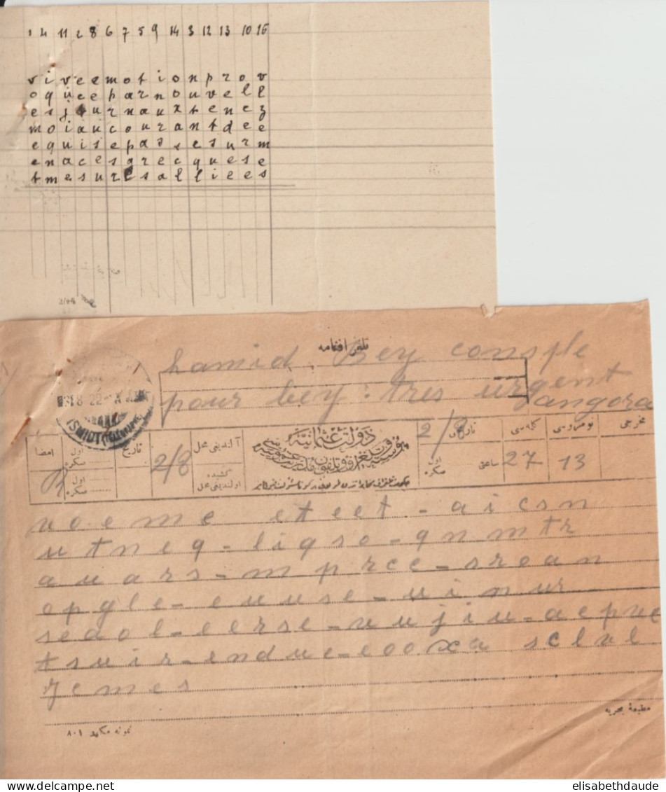 1922 - TURQUIE - TELEGRAMME De ANGORA CODE ! CACHET ISMIDT TELEGRAPHIE ! + CARTON DECODAGE En FRANCAIS ! - Covers & Documents