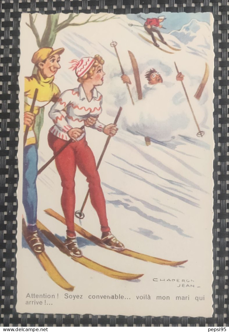 Carte Postale illustrateur Jean CHAPERON - Lot de 4 cartes thème SKI