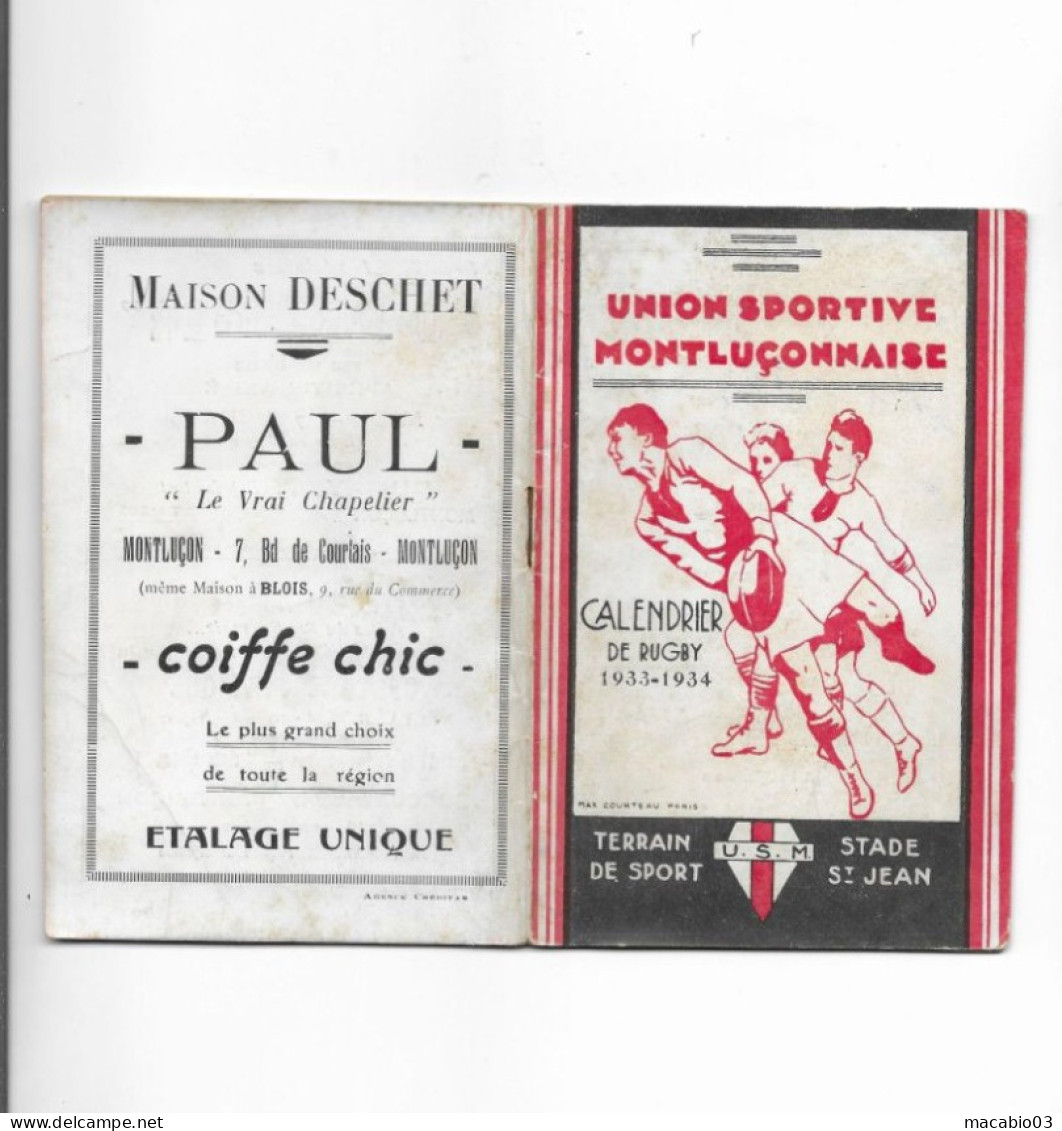 Vieux Papiers - Calendrier De L' Union Sportive Montluçonnaise Rugby Saison 1933 -1934 - Kleinformat : 1921-40