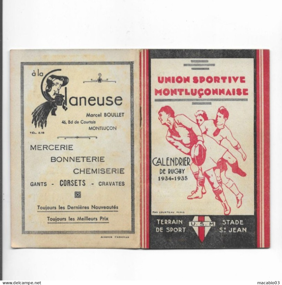 Vieux Papiers - Calendrier De L' Union Sportive Montluçonnaise Rugby Saison 1934 -1935 - Small : 1921-40
