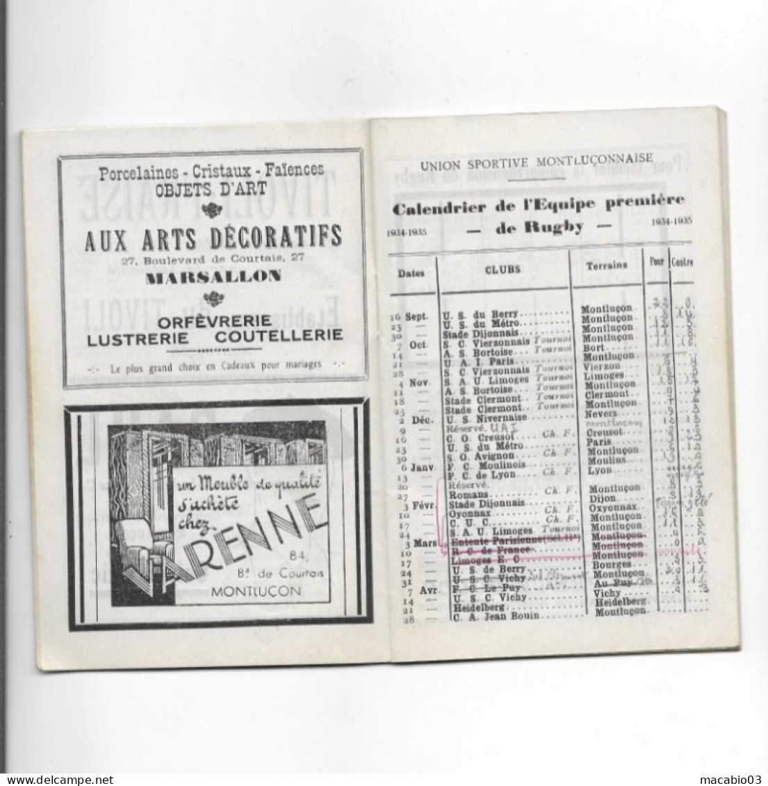 Vieux Papiers - Calendrier De L' Union Sportive Montluçonnaise Rugby Saison 1934 -1935 - Kleinformat : 1921-40