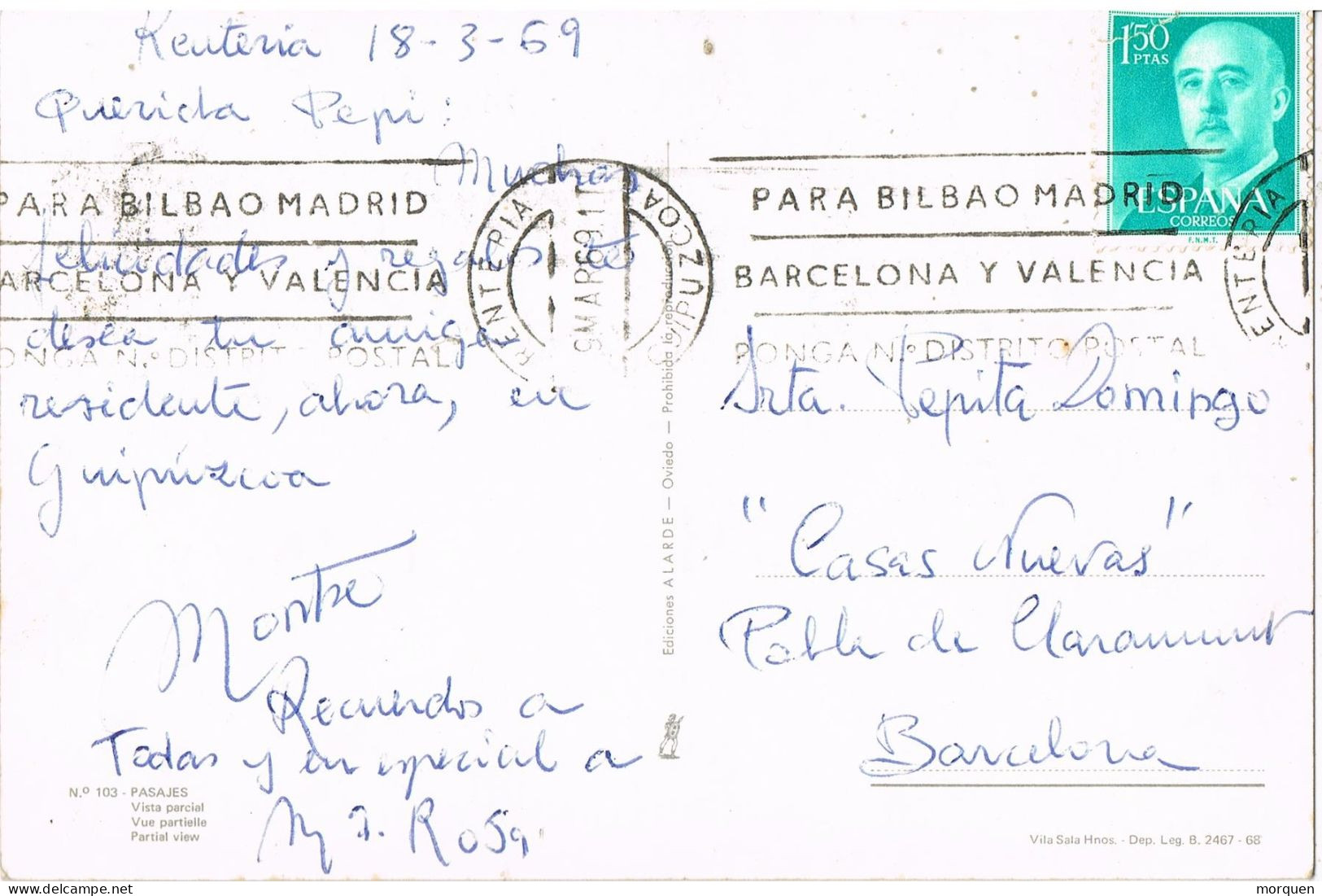 54613. Postal  RENTERIA (Guipuzcoa) 1969. Vista Poblacion De PASAJES - Briefe U. Dokumente