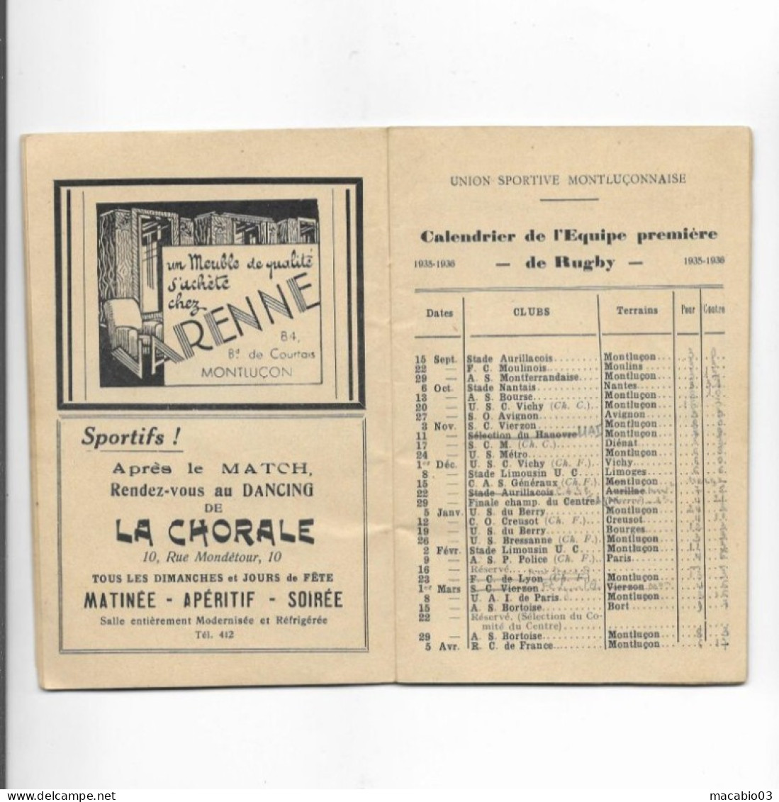 Vieux Papiers - Calendrier De L' Union Sportive Montluçonnaise Rugby Saison 1935 -1936 - Kleinformat : 1921-40