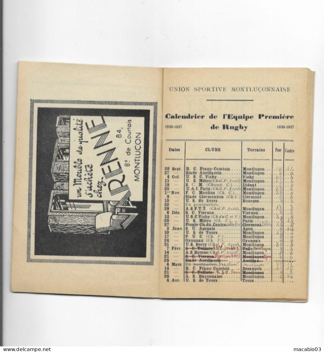 Vieux Papiers - Calendrier De L' Union Sportive Montluçonnaise Rugby Saison 1936 -1937 - Klein Formaat: 1921-40