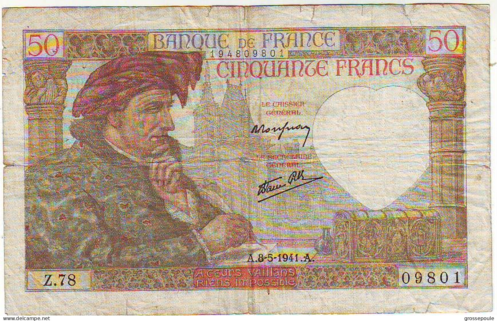 50 FRANCS JACQUES COEUR - A. 8.5.1941 A - Z.78 - N° 09801 - TB - Date Rare - 50 F 1940-1942 ''Jacques Coeur''