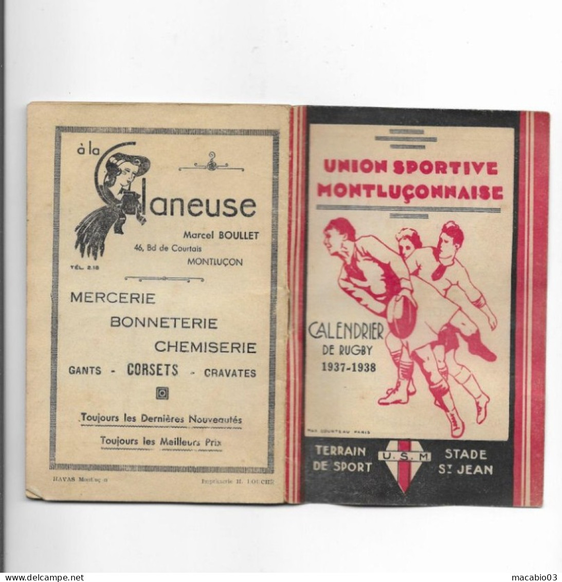 Vieux Papiers - Calendrier De L' Union Sportive Montluçonnaise Rugby Saison 1937 -1938 - Petit Format : 1921-40