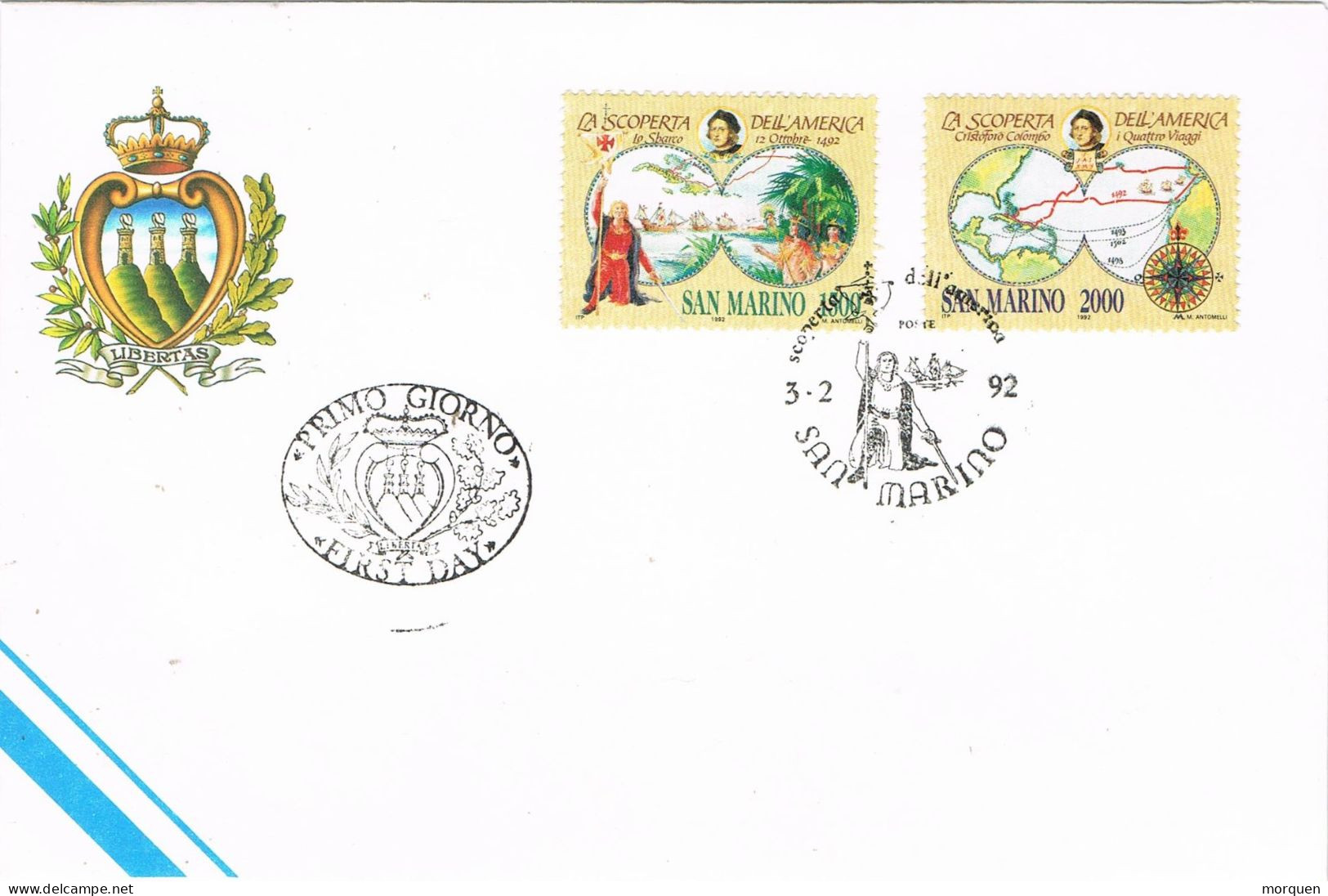 54617. Carta F.D.C. SAN MARINO 1992. COLON, Descubrimiento America - Covers & Documents