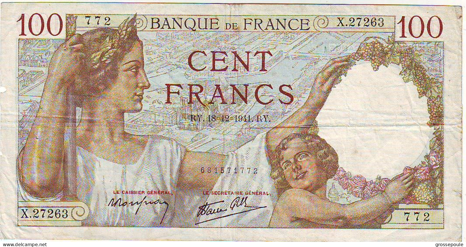 100 FRANCS SULLY - RY. 18.12.1941 . RY. - X 27263 - N° 772 - TTB - 100 F 1939-1942 ''Sully''