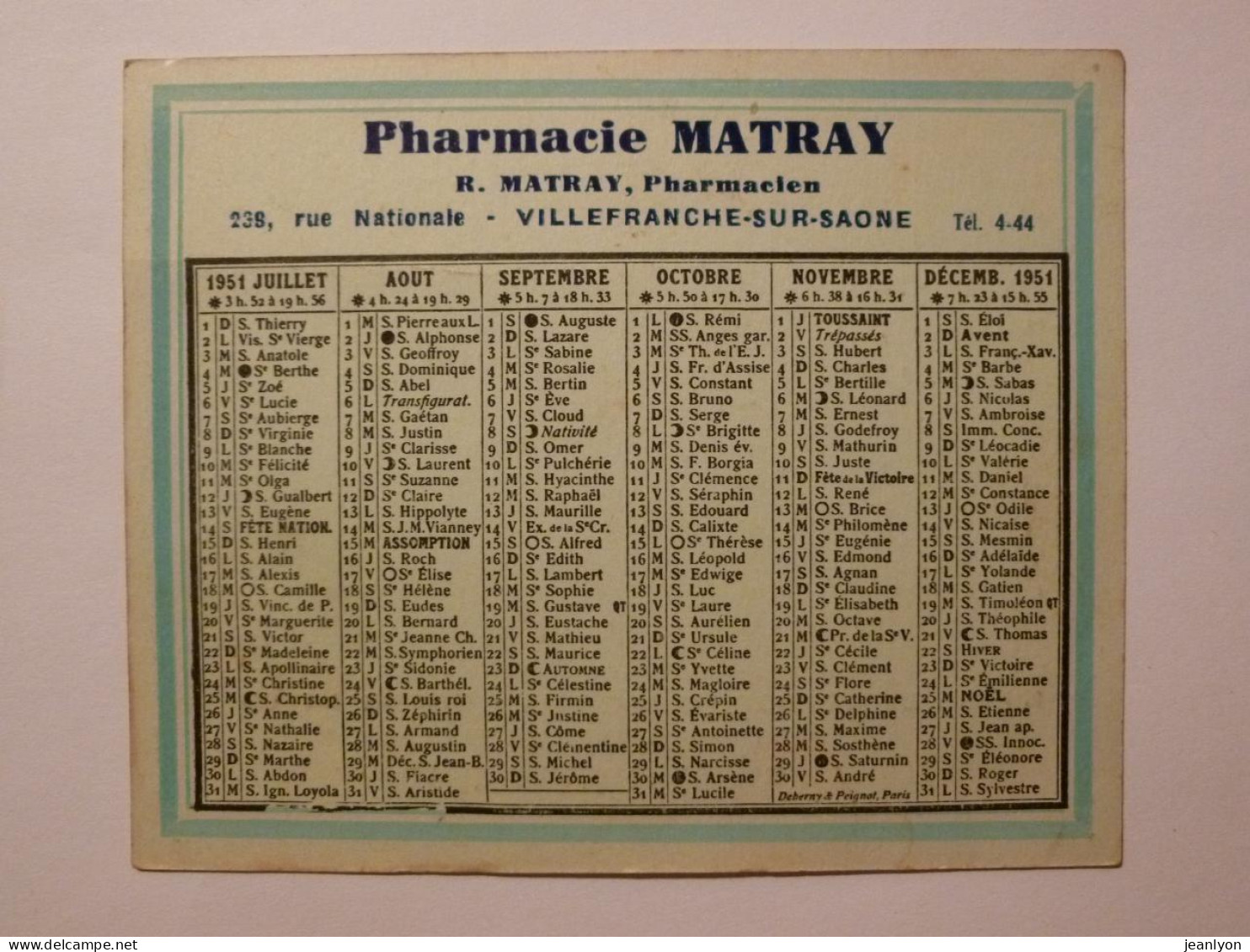 CALENDRIER POCHE 1951 - PHARMACIE MATRAY - VILLEFRANCHE SUR SAONE (69) / Rue Nationale - Kleinformat : 1941-60