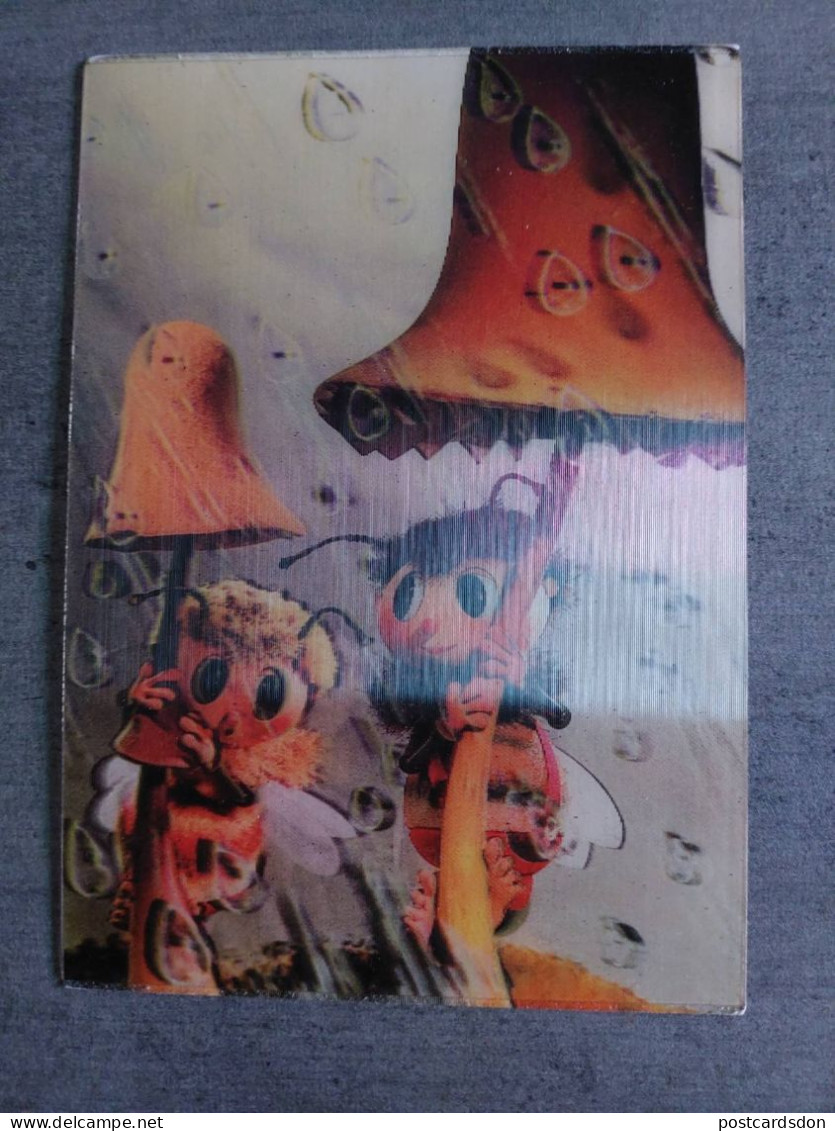 LENTICULAR  Postcard -  Brumda - Old Fairy Tale. STEREO 3D Bee - Mushroom - Stereoscope Cards