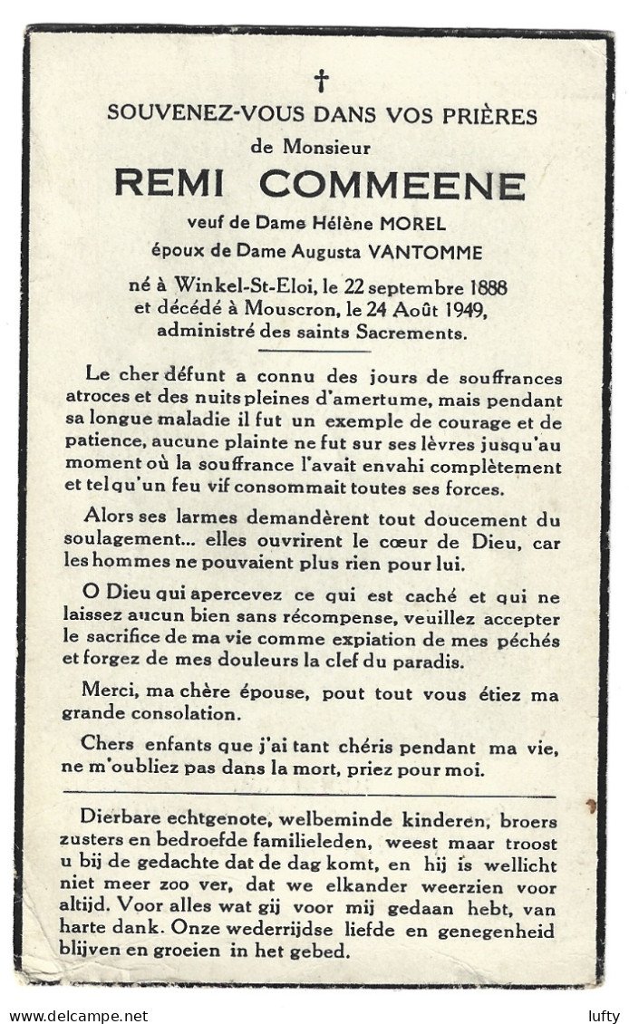 DP  Remi COMMEENE - Morel - Vantomme - Sint-Eloois-Winkel - Mouscron - 1888 / 1949 - Franstalig - Religión & Esoterismo