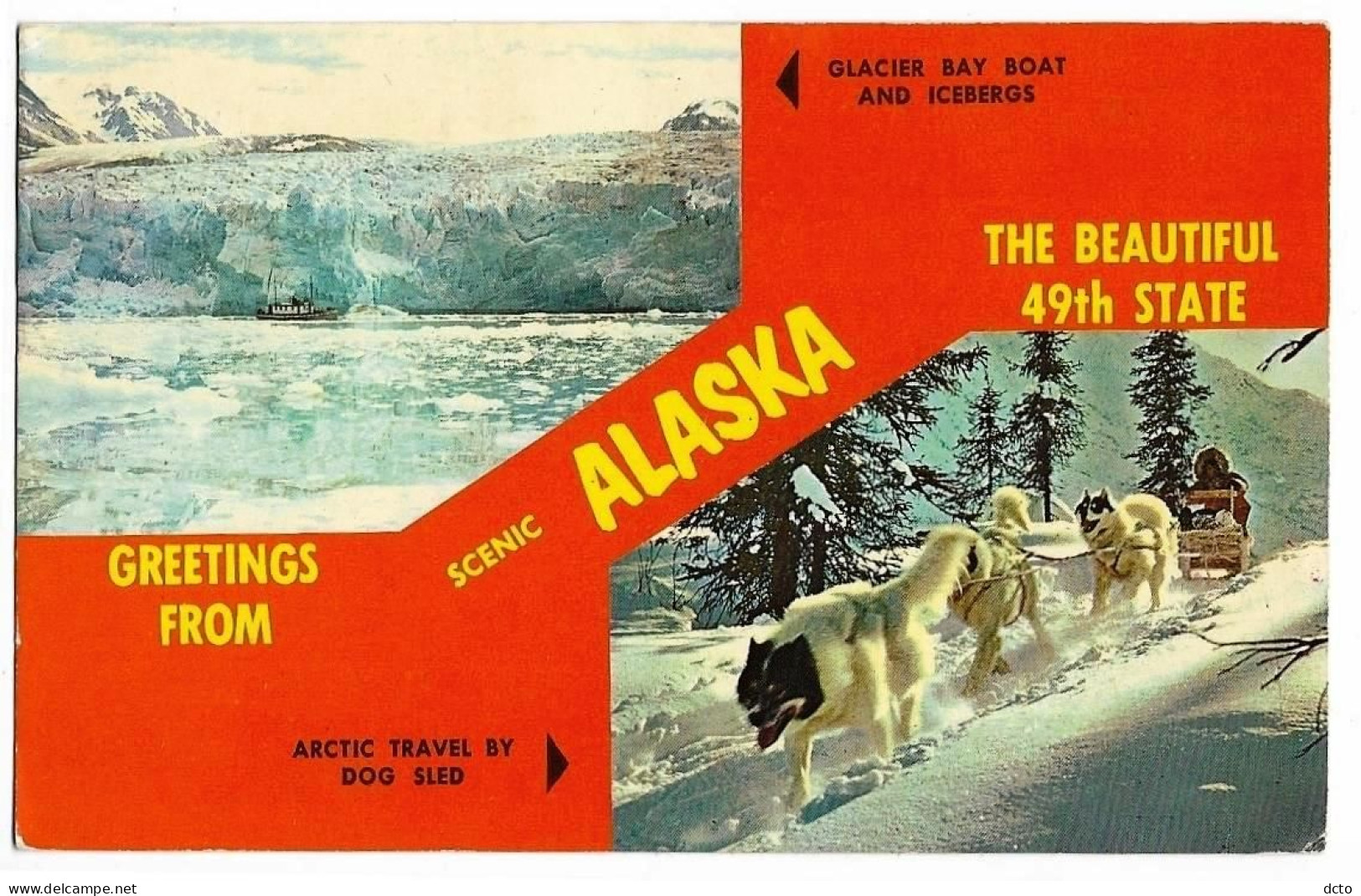 Greetings From ALASKA, The Beautiful 49t State; Glacier Bay Boat And Icebergs, Arctic Travel By Dog Sled, Envoi 1970 - Other & Unclassified