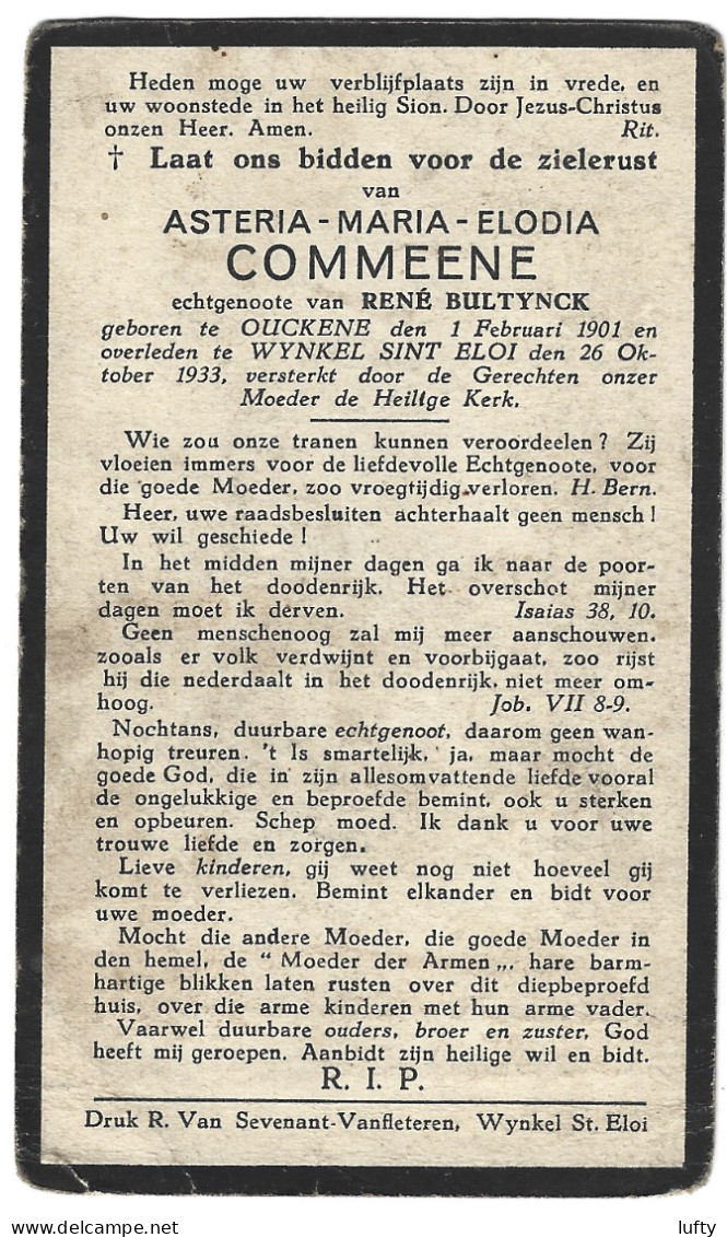 DP  Asteria Maria Elodia COMMEENE - Bultynck - Oekene - Sint-Eloois-Winkel - 1901 / 1933 - Religión & Esoterismo