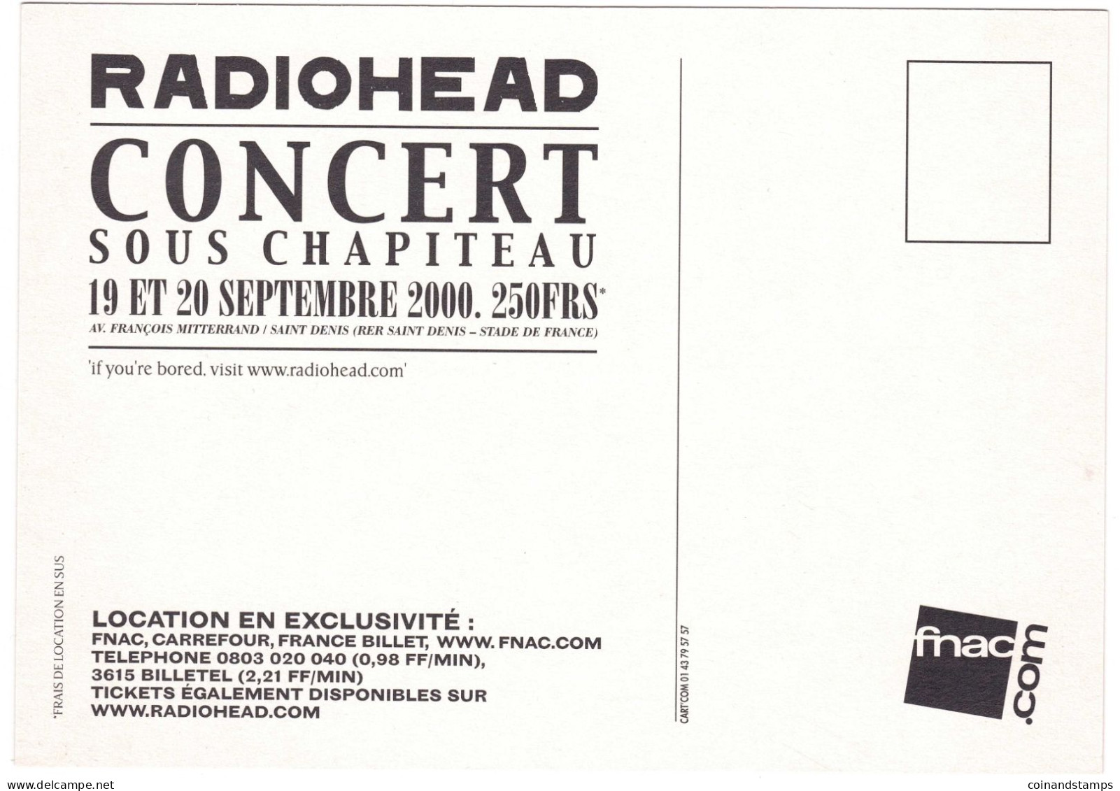 Postkarte Radiohead Freakshow 2000 Sous Chapiteau, Farbig, Ungelaufen, I-II - Musées