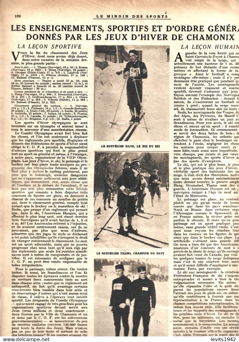 JEUX OLYMPIQUES 1924  - CHAMONIX - REVUE MIROIR DES SPORTS - 14-02-1924 - - Altri & Non Classificati