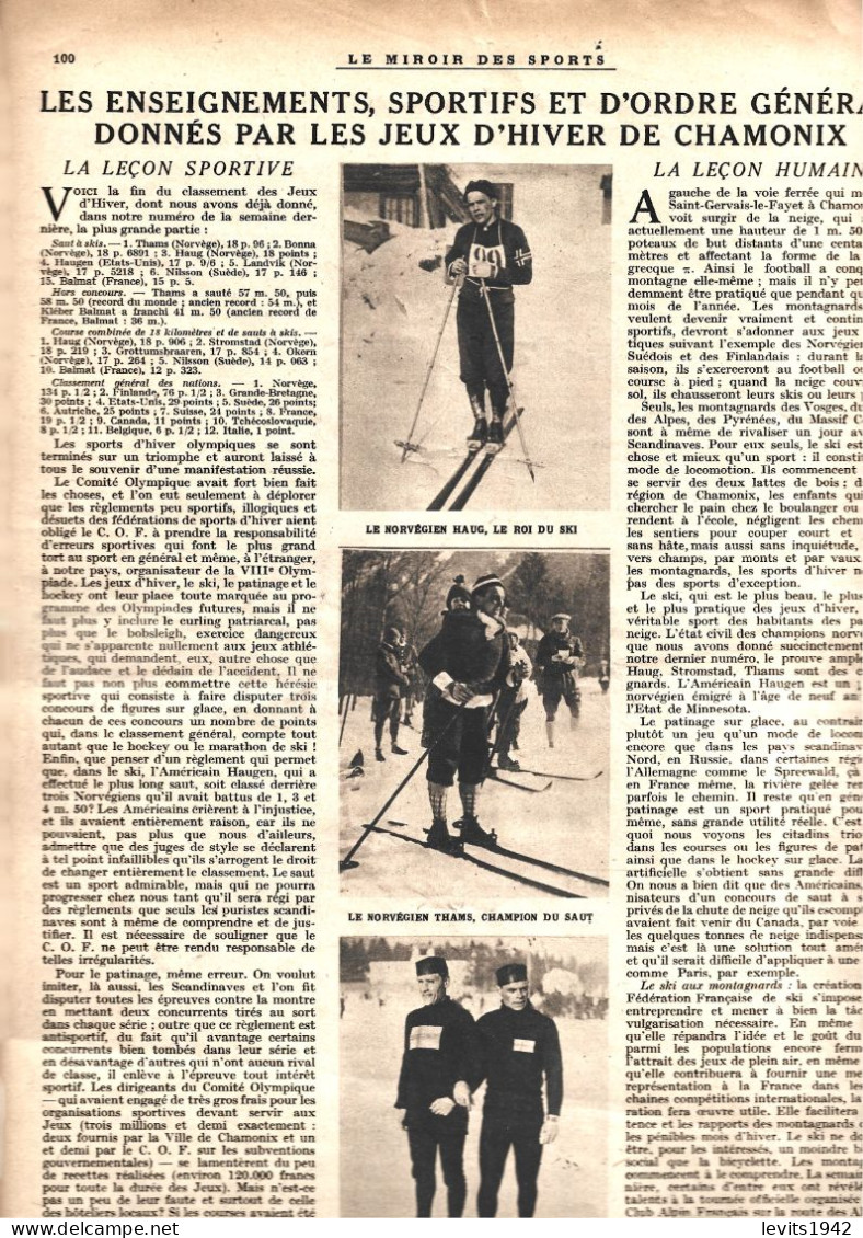 JEUX OLYMPIQUES 1924  - CHAMONIX - REVUE MIROIR DES SPORTS - 14-02-1924 - - Autres & Non Classés