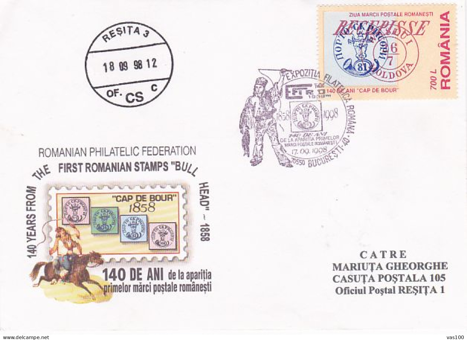 FIRST ROMANIAN STAMP ANNIVERSARY, BULL'S HEAD, OVERPRINT STAMP, SPECIAL COVER, 1998, ROMANIA - Cartas & Documentos