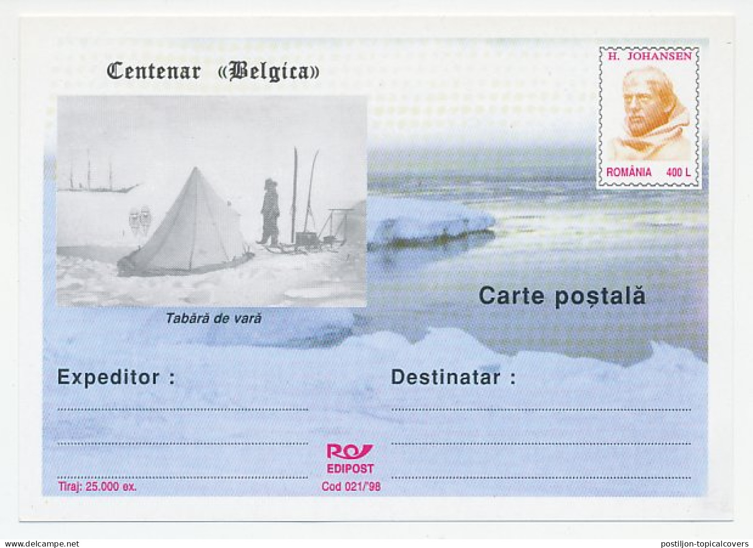 Postal Stationery Romania 1998 Ludvig-Hjalmar Johansen - Belgica - Summer Camp - Expéditions Arctiques