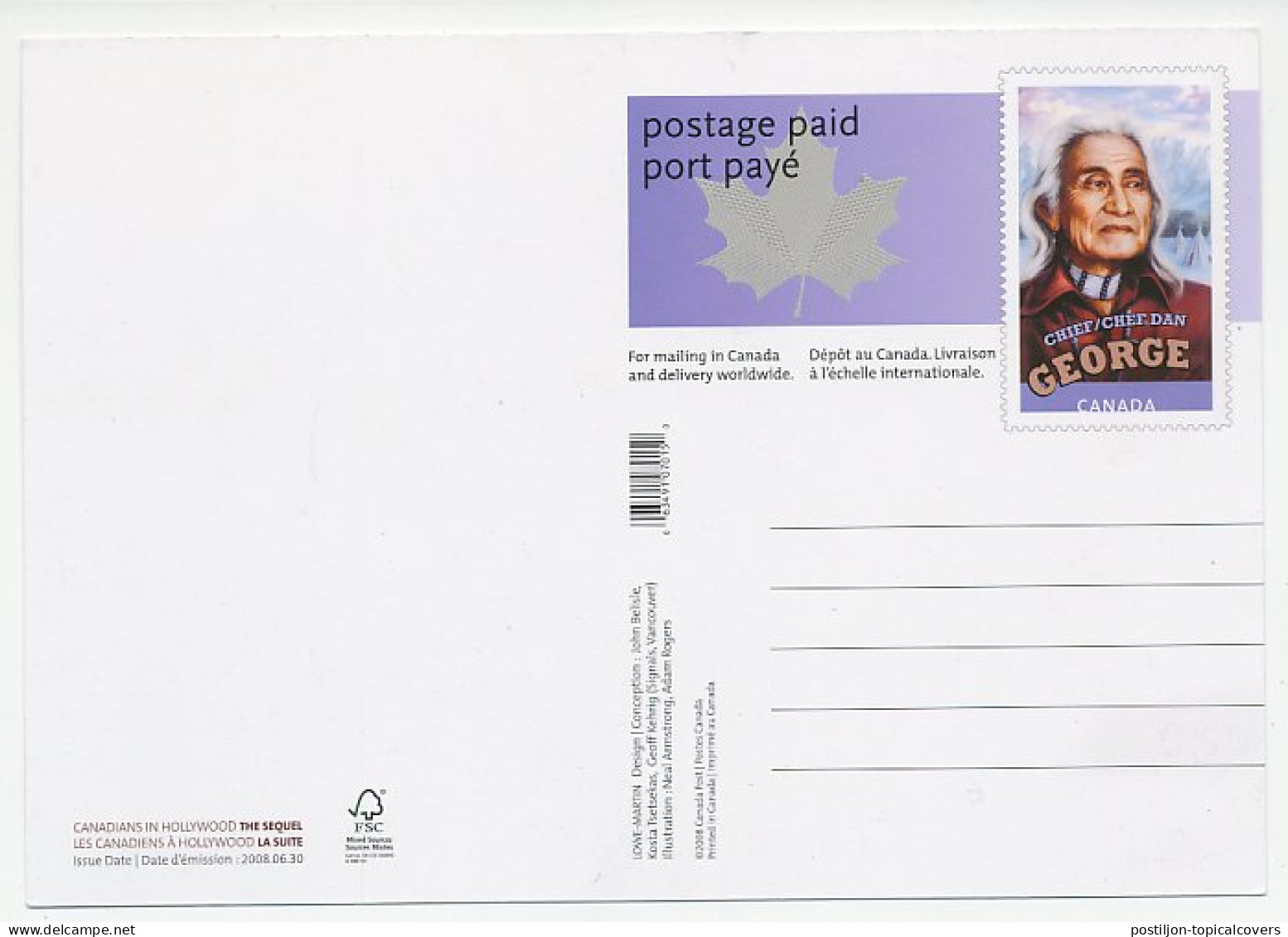 Postal Stationery Canada 2008 Chief Dan George  - Indios Americanas